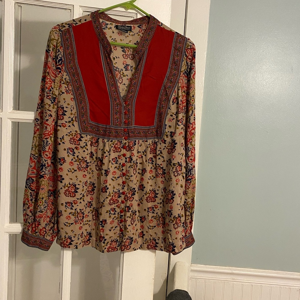 Lucky Brand Red and Tan Floral Blouse